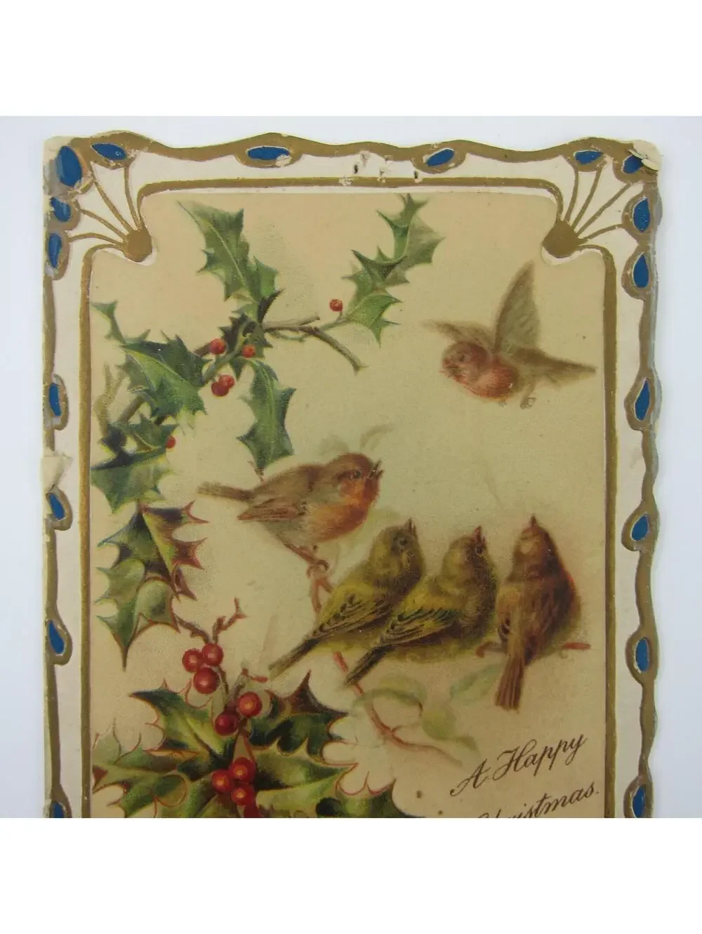 Antique Christmas Card Birds Tree Branch Holly Berries Embossed Bifold UNSIGNED